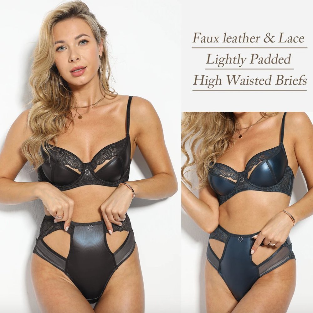 Black Faux Leather Sexy Lingerie Set - Bra and High Waist Lace Panties
